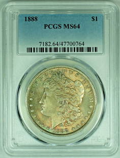 1888 Morgan Silver Dollar PCGS MS 64 Toned Coin: 1888 Morgan Silver Dollar PCGS MS 64 Toned Coin This 1888 Morgan Silver Dollar is an exquisite piece for coin collectors. It features a stunning toning and has been graded MS 64 by PCGS, indicating it