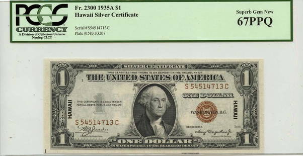 1935A $1 Hawaii Federal Reserve Note FR#2300 PCGS MS67 PPQ Gem: 1935A $1 Hawaii Federal Reserve Note FR#2300 PCGS MS67 PPQ Gem This 1935A $1 Hawaii Federal Reserve Note (FR#2300) is a remarkable collectible piece, showcasing an uncirculated condition graded at MS6