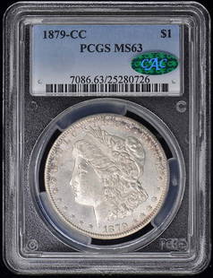 1879-CC Morgan Dollar PCGS MS63 CAC Uncirculated Coin: 1879-CC Morgan Dollar PCGS MS63 CAC Uncirculated Coin This 1879-CC Morgan Dollar is a remarkable piece of numismatic history, graded MS63 by PCGS, indicating its uncirculated condition. Minted in Cars