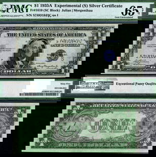 1935-A $1 Silver Certificate PMG CU65 EPQ Gem Uncirculated: 1935-A $1 Silver Certificate PMG CU65 EPQ Gem Uncirculated This $1 Silver Certificate from 1935-A is graded CU65 EPQ Gem by PMG, showcasing its uncirculated condition. This collectible piece is a prim