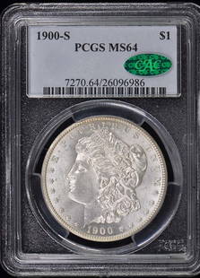 1900-S Morgan Dollar PCGS MS64 CAC Uncirculated San Francisco: 1900-S Morgan Dollar PCGS MS64 CAC Uncirculated San Francisco Up for auction is a 1900-S Morgan Dollar, certified by PCGS with a grade of MS64 and a CAC designation, indicating high quality. This coin