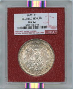 1897 Morgan Dollar NGC MS62 Redfield Hoard Philadelphia Mint: 1897 Morgan Dollar NGC MS62 Redfield Hoard Philadelphia Mint This 1897 Morgan Dollar is a stunning piece from the Redfield Hoard, certified by NGC with a grade of MS62, indicating it's in uncirculated
