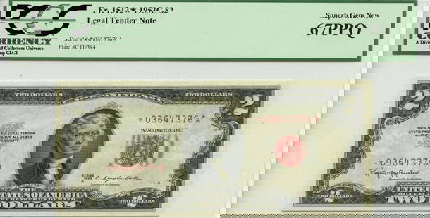 1953 $2 Legal Tender Note FR#1512* PCGS Superb Gem 67 Uncirculated: 1953 $2 Legal Tender Note FR#1512* PCGS Superb Gem 67 Uncirculated This 1953 $2 Legal Tender Note, cataloged as FR#1512*, is graded as Superb Gem 67 by PCGS, ensuring its high quality and pristine con