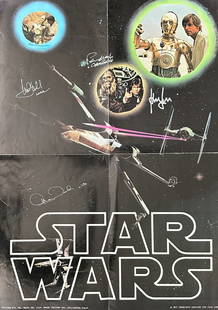 Vintage 1977 Star Wars Poster Signed by 5 Cast Members Beckett LOA: Vintage 1977 Star Wars Poster Signed by 5 Cast Members Beckett LOA This vintage 1977 Star Wars poster, measuring 20" x 28", is a remarkable piece of film history. It has been autographed by five main