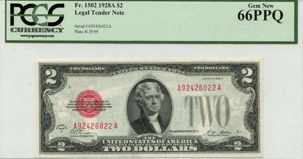 1928A $2 Legal Tender Note FR#1502 PCGS Gem 66 PPQ: 1928A $2 Legal Tender Note FR#1502 PCGS Gem 66 PPQ This 1928A $2 Legal Tender Note, designated as FR#1502, showcases exceptional quality with a Gem 66 PPQ grade from PCGS Currency, indicating it is un