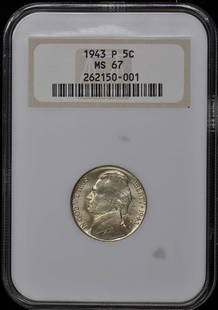 1943 NGC MS67 Jefferson Nickel Uncirculated Philadelphia Mint: 1943 NGC MS67 Jefferson Nickel Uncirculated Philadelphia Mint This 1943 Jefferson Nickel is graded MS67 by NGC, indicating it is an uncirculated coin in exceptional condition. Minted in Philadelphia,