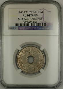 1940 Palestine 10 Mils Coin NGC AU Details Circulated: 1940 Palestine 10 Mils Coin NGC AU Details Circulated This 1940 Palestine 10 Mils coin features a detailed design and is graded as AU Details by NGC, indicating it has been circulated but remains in g