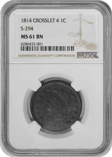 1814 NGC MS61BN Large Cent Classic Head Copper Coin: 1814 NGC MS61BN Large Cent Classic Head Copper Coin This 1814 Large Cent features the Classic Head design by John Reich, certified by NGC with a grade of MS61. Struck in copper at the Philadelphia min