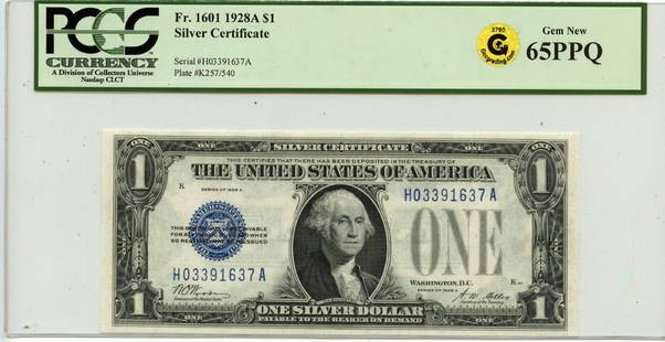 1928A $1 Silver Certificate Fr#1601 PCGS GEM 65 PPQ: 1928A $1 Silver Certificate Fr#1601 PCGS GEM 65 PPQ This 1928A $1 Silver Certificate (Fr#1601) is a remarkable piece of currency, certified by PCGS Currency with a grade of GEM 65 PPQ. It is uncircula