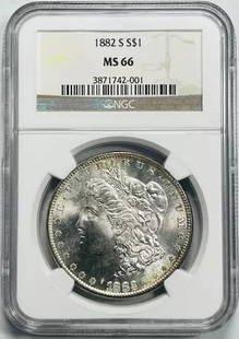 1882 S Morgan Silver Dollar NGC MS 66 Uncirculated Silver Coin: 1882 S Morgan Silver Dollar NGC MS 66 Uncirculated Silver Coin This 1882 S Morgan Silver Dollar is a remarkable piece certified by NGC with a stunning grade of MS 66, indicating its exceptional qualit