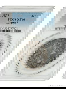 1803 Draped Bust Half Dollar PCGS XF40 Scarce Date Coin: 1803 Draped Bust Half Dollar PCGS XF40 Scarce Date Coin This 1803 Draped Bust Half Dollar is a notable addition to any coin collection. Graded by PCGS with a certification number of 34797621, this coi
