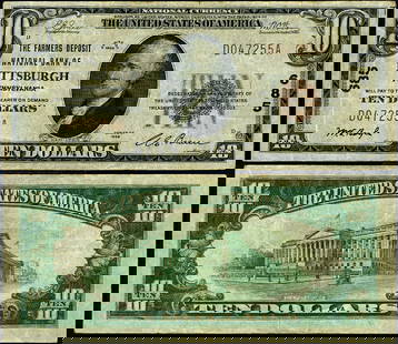1929 T-1 $10 National Bank Note Farmers Deposit Pittsburgh PA VF+: 1929 T-1 $10 National Bank Note Farmers Deposit Pittsburgh PA VF+ This is a $10 National Bank Note from the Farmers Deposit National Bank, Pittsburgh, PA, issued in 1929. The note is classified as a T