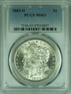 1883-O Morgan Silver Dollar Coin PCGS MS-63 Uncirculated Silver: 1883-O Morgan Silver Dollar Coin PCGS MS-63 Uncirculated Silver This 1883-O Morgan Silver Dollar Coin is a stunning example of American numismatic history. Struck in 1883 at the New Orleans Mint, this
