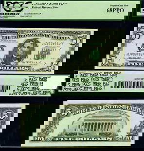 1995 $5 Federal Reserve Star Note PCGS CU68 PPQ Superb Gem: 1995 $5 Federal Reserve Star Note PCGS CU68 PPQ Superb Gem This is a 1995 Federal Reserve Note, denomination $5, graded CU68 PPQ by PCGS, indicating it is a Superb Gem quality note. It is uncirculated