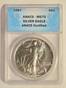 1987 Silver Eagle ANACS MS-70 Uncirculated Coin from Philadelphia: 1987 Silver Eagle ANACS MS-70 Uncirculated Coin from Philadelphia This 1987 Silver Eagle is certified by ANACS as MS-70, indicating a perfect uncirculated grade. Minted in Philadelphia, this coin is c