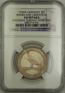 1930-A Germany Three Mark Silver Coin NGC AU Rhineland Liberation: 1930-A Germany Three Mark Silver Coin NGC AU Rhineland Liberation This 1930-A Germany Three Mark silver coin commemorates the Rhineland Liberation. It is a circulated piece, certified by NGC with an A
