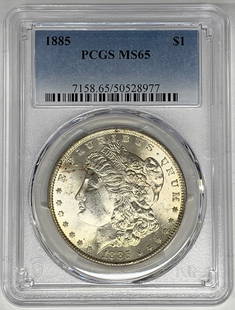 1885 Morgan Silver Dollar PCGS MS 65 Uncirculated Silver Coin: 1885 Morgan Silver Dollar PCGS MS 65 Uncirculated Silver Coin This stunning 1885 Morgan Silver Dollar showcases exceptional quality with a grade of MS 65, certified by PCGS. The coin features a compos