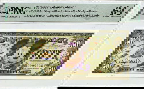 2005 Disney Dollar Mickey Mouse Sleeping Beauty PMG 64 Uncirculated: 2005 Disney Dollar Mickey Mouse Sleeping Beauty PMG 64 Uncirculated This 2005 Disney Dollar featuring Mickey Mouse and Sleeping Beauty is a collector's dream. Certified by PMG with a grade of MS64, th