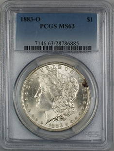 1883-O Morgan Silver Dollar PCGS MS 63 Uncirculated Silver Coin: 1883-O Morgan Silver Dollar PCGS MS 63 Uncirculated Silver Coin This 1883-O Morgan Silver Dollar is a remarkable piece certified by PCGS with a grade of MS 63, indicating its uncirculated condition. M