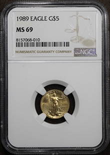1989 NGC MS69 1/10 oz American Gold Eagle Coin: 1989 NGC MS69 1/10 oz American Gold Eagle Coin This stunning 1989 1/10 oz American Gold Eagle coin features a beautiful design and high-grade quality, certified by NGC as MS 69. Struck by the U.S. Min
