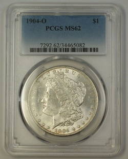 1904-O Morgan Silver Dollar Coin PCGS MS62 Uncirculated New Orleans: 1904-O Morgan Silver Dollar Coin PCGS MS62 Uncirculated New Orleans This 1904-O US Morgan Silver Dollar is a remarkable piece minted in New Orleans, showcasing its striking design and historical signi