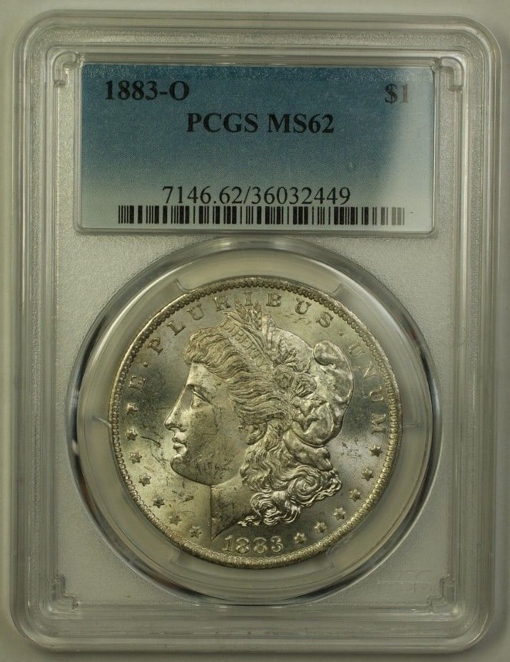 1883-O Morgan Silver Dollar PCGS MS62 Uncirculated Coin: 1883-O Morgan Silver Dollar PCGS MS62 Uncirculated Coin This 1883-O Morgan Silver Dollar is a stunning example of American numismatic history. Graded MS 62 by PCGS, this coin is classified as Brillian