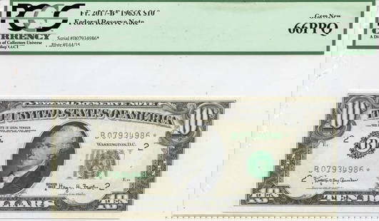 1963A $1 Federal Reserve Note FR# 2017-B* PCGS Gem 66 PPQ: 1963A $1 Federal Reserve Note FR# 2017-B* PCGS Gem 66 PPQ This 1963A $1 Federal Reserve Note, designated as FR# 2017-B*, has been graded by PCGS Currency as Gem 66 PPQ, indicating its exceptional qual