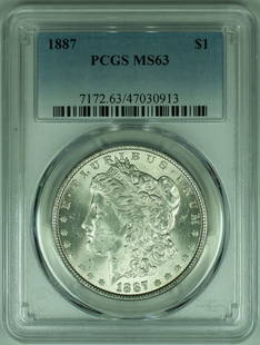 1887 Morgan Silver Dollar Coin PCGS MS 63 Uncirculated Silver: 1887 Morgan Silver Dollar Coin PCGS MS 63 Uncirculated Silver This 1887 Morgan Silver Dollar Coin is an uncirculated piece, showcasing the iconic design that has made it a favorite among collectors. S