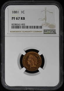 1881 NGC PR67RB Bronze Indian Cent Uncirculated Proof Coin: 1881 NGC PR67RB Bronze Indian Cent Uncirculated Proof Coin This 1881 Bronze Indian Cent is graded PR67RB by NGC, indicating it is in uncirculated condition with a proof strike. Minted in Philadelphia,