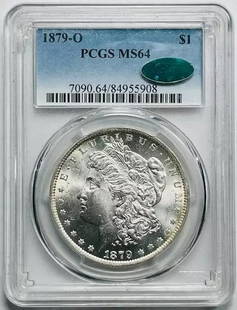 1879 O Morgan Silver Dollar MS-64 PCGS CAC Low Pop Coin: 1879 O Morgan Silver Dollar MS-64 PCGS CAC Low Pop Coin This 1879 O Morgan Silver Dollar is a stunning example of numismatic craftsmanship, graded MS-64 by PCGS and bearing the CAC seal for quality as
