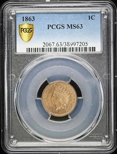 1863 1C Indian Cent PCGS MS63 Uncirculated Copper-Nickel Coin: 1863 1C Indian Cent PCGS MS63 Uncirculated Copper-Nickel Coin This 1863 1C Indian Cent is a remarkable piece of numismatic history, certified by PCGS with a grade of MS63. Struck in Philadelphia, this