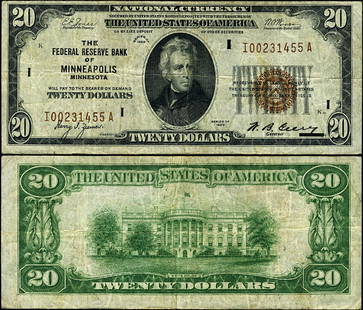 1929 $20 Federal Reserve Bank Note Minneapolis I-A Block VF: 1929 $20 Federal Reserve Bank Note Minneapolis I-A Block VF This $20 Federal Reserve Bank Note, issued in 1929, features the I-A block designation and originates from the Minneapolis Federal Reserve B
