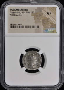 Elagabalus AD 218-222 Roman Empire AR Denarius NGC VF20: Elagabalus AD 218-222 Roman Empire AR Denarius NGC VF20 This Ancient Roman AR Denarius features the likeness of Elagabalus, who ruled from AD 218-222. Certified by NGC with a grade of VF20, this coin