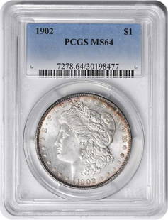 1902 Morgan Silver Dollar MS64 PCGS Uncirculated 90% Silver: 1902 Morgan Silver Dollar MS64 PCGS Uncirculated 90% Silver This 1902 Morgan Silver Dollar is a remarkable piece graded MS64 by PCGS, showcasing its uncirculated condition. Struck at the Philadelphia
