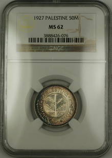 1927 Palestine 50 Mils Silver Coin NGC MS-62 Uncirculated: 1927 Palestine 50 Mils Silver Coin NGC MS-62 Uncirculated This 1927 Palestine 50 Mils silver coin is graded MS-62 by NGC, indicating its high quality and uncirculated condition. The coin features a st