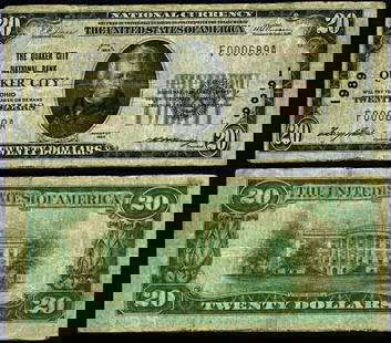 1929 T-1 $20 National Bank Note Quaker City Ohio Circulated: 1929 T-1 $20 National Bank Note Quaker City Ohio Circulated This $20 National Bank Note from Quaker City, Ohio, is a 1929 T-1 issue, graded Fine+. It is a circulated piece, showcasing the historical s