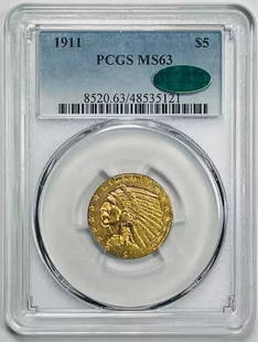 1911 P Gold Half Eagle $5 Indian Head PCGS MS-63 CAC Certified: 1911 P Gold Half Eagle $5 Indian Head PCGS MS-63 CAC Certified This 1911 P Gold Half Eagle features the iconic Indian Head design and is certified by PCGS with a grade of MS-63, indicating its uncircu