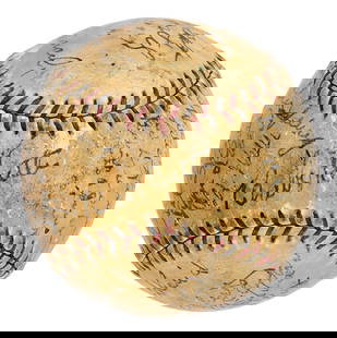 Babe Ruth Multi Signed Baseball with Lou Gehrig JSA COA: Babe Ruth Multi Signed Baseball with Lou Gehrig JSA COA This official National League baseball is a remarkable collectible featuring over 35 signatures from renowned baseball Hall of Famers, all beaut