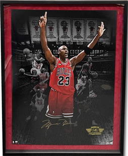 Michael Jordan Signed 35x45 Photo 6 Banner Pose Upper Deck Authenticated: Michael Jordan Signed 35x45 Photo 6 Banner Pose Upper Deck Authenticated This stunning 35x45 framed print features Michael Jordan in the iconic "6 Banner Pose," celebrating the Chicago Bulls' 25th Ann