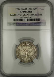 1933 Palestine 50 Mils Silver Coin NGC XF Details Circulated: 1933 Palestine 50 Mils Silver Coin NGC XF Details Circulated This 1933 Palestine 50 Mils Silver Coin is certified by NGC with an XF Details grade, indicating its condition as circulated. The coin feat