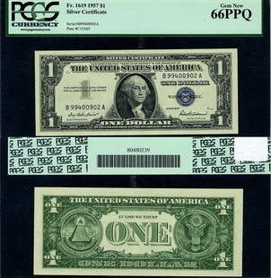 1957 $1 Silver Certificate B-A Block PCGS CU66 PPQ Gem Quality: 1957 $1 Silver Certificate B-A Block PCGS CU66 PPQ Gem Quality This 1957 $1 Silver Certificate is an exceptional piece of currency, graded CU66 PPQ by PCGS, indicating its gem quality and pristine con