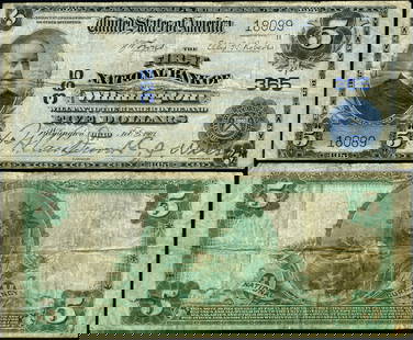 Wilmington Ohio 1902-PB $5 National Bank Note VF Circulated: Wilmington Ohio 1902-PB $5 National Bank Note VF Circulated This $5 National Bank Note from Wilmington, Ohio, is dated 1902-PB and graded as Very Fine (VF). It is a circulated note, showcasing the his