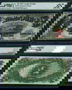 1917 $2 Legal Tender Note PMG VF35 Choice Circulated: 1917 $2 Legal Tender Note PMG VF35 Choice Circulated This 1917 $2 Legal Tender note is graded as VF35 Choice by PMG, indicating its excellent condition despite being circulated. It features a unique d