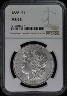 1886 Morgan Dollar NGC MS63 Uncirculated Coin Philadelphia: 1886 Morgan Dollar NGC MS63 Uncirculated Coin Philadelphia This 1886 Morgan Dollar is graded MS63 by NGC, certifying its uncirculated condition. Minted in Philadelphia, this coin represents a classic