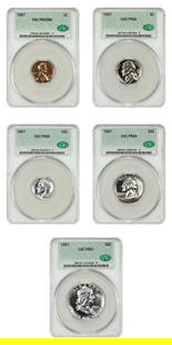 1957 CACG Certified 1C-50C Uncirculated Proof Set: 1957 CACG Certified 1C-50C Uncirculated Proof Set This 1957 Proof Set is certified by CACG with a certification number of 861180991. The set features uncirculated coins, including a 1 cent PR65RD, 5 c