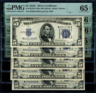 1934-C $5 Silver Certificate Lot of 5 PMG CU66 EPQ: 1934-C $5 Silver Certificate Lot of 5 PMG CU66 EPQ This listing features a collection of five 1934-C $5 Silver Certificates, all graded as Choice Uncirculated (CU66 EPQ) by PMG, ensuring high-quality