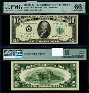 1950-B $10 Federal Reserve Note Richmond PMG CU66 EPQ Gem: 1950-B $10 Federal Reserve Note Richmond PMG CU66 EPQ Gem This is a 1950-B $10 Federal Reserve Note from Richmond, graded CU66 EPQ by PMG, indicating its Gem uncirculated condition. This note is a gre