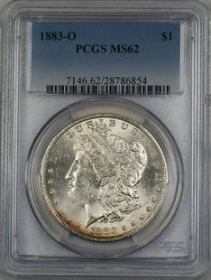 1883-O Morgan Silver Dollar PCGS MS 62 Uncirculated Coin: 1883-O Morgan Silver Dollar PCGS MS 62 Uncirculated Coin This 1883-O Morgan Silver Dollar is a stunning addition for collectors and enthusiasts alike. Graded as MS 62 by PCGS, this uncirculated coin s