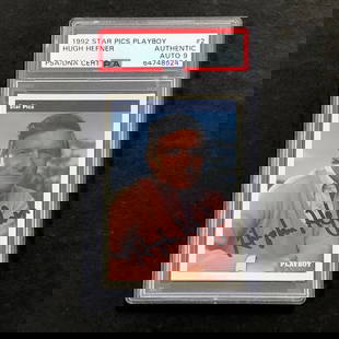 Hugh Hefner Signed 1992 Star Pics Playboy Card PSA/DNA Authenticated: Hugh Hefner Signed 1992 Star Pics Playboy Card PSA/DNA Authenticated Up for sale is a 1992 Star Pics Playboy #2 Card signed by HUGH HEFNER. The autograph of Hugh on this magazine was authenticated by