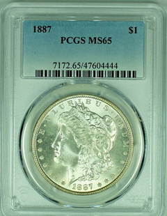 1887 Morgan Silver Dollar PCGS MS 65 Uncirculated Silver Coin: 1887 Morgan Silver Dollar PCGS MS 65 Uncirculated Silver Coin This stunning 1887 Morgan Silver Dollar is an uncirculated coin graded MS 65 by PCGS, showcasing its exceptional quality and preservation.
